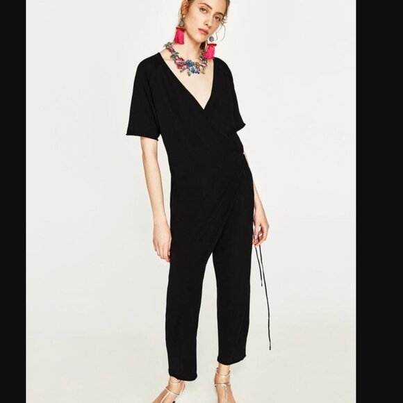 Zara Knit Black Wrap JumpSuit Size S Dropped Crotch Minimalist Lightweight Beach - Picture 14 of 16